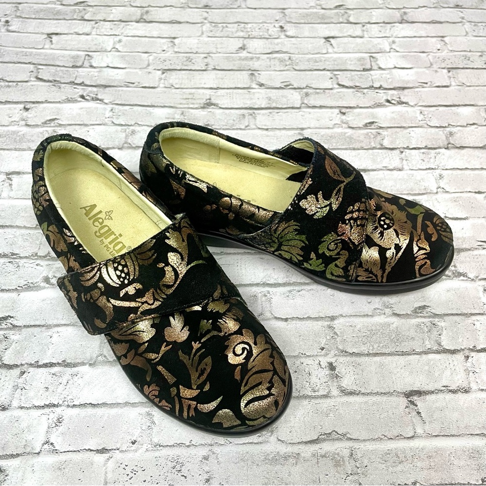 Alegria Lauryn Gold Copper Floral Print Slip On Clog Leather Shoes Women Size 7